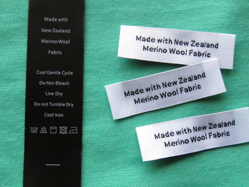 5 Black Satin washing instructions and 5 White Made with New Zealand Merino wool labels