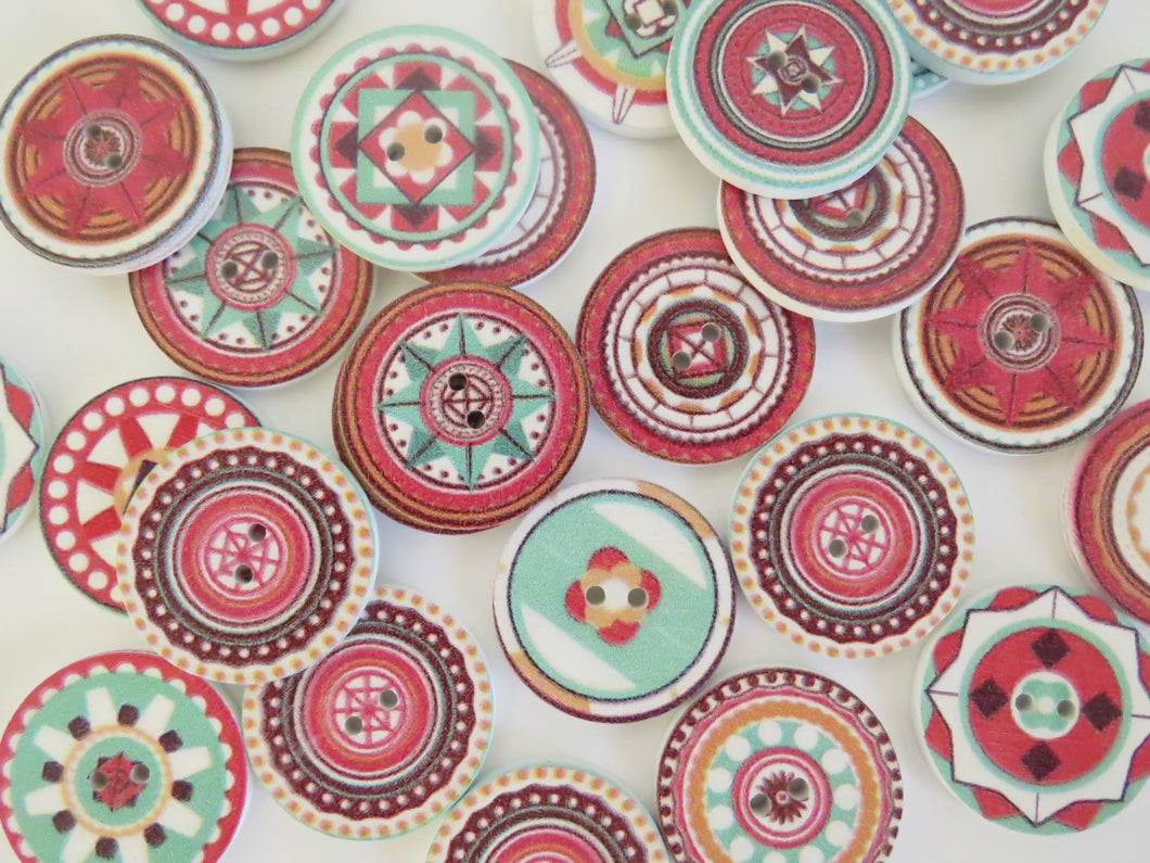 10 Mixed Print Green and Pink 25mm retro mosaic print buttons