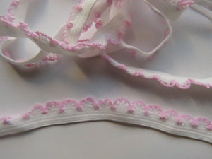 3.7m White Elastic with Pink Lacy scallop loop trim- underwear, crafts, sewing