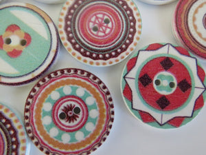 10 Mixed Print Green and Pink 25mm retro mosaic print buttons