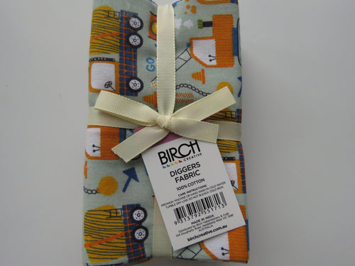 Diggers Fabric Bundle of 5 Fat Quarters. Mixed prints- 100% cotton. 50 x 52cm per piece