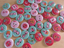 Load image into Gallery viewer, 50 Green and Pink summer print buttons 15mm- butterfly, flower, cupcake etc