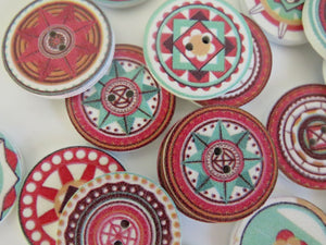 10 Mixed Print Green and Pink 25mm retro mosaic print buttons