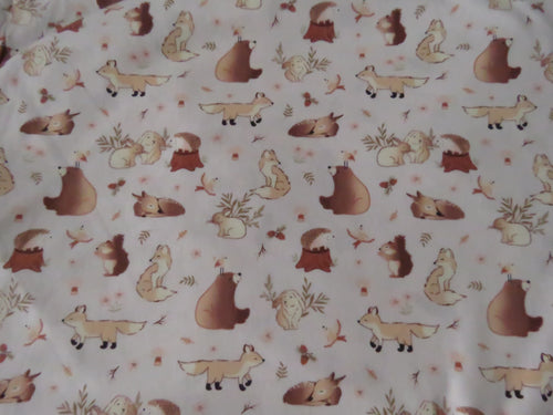 1m Creams and Brown Woodland print- Bear, squirrel, rabbit deer etc  100% organic cotton jersey knit 118cm