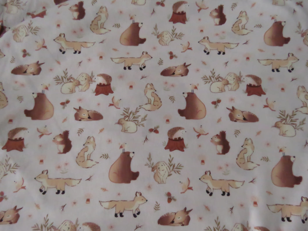 1m Creams and Brown Woodland print- Bear, squirrel, rabbit deer etc  100% organic cotton jersey knit 118cm