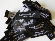 Load image into Gallery viewer, 10 Black Hand made with Love and Double Heart Labels 45x 15mm approx.