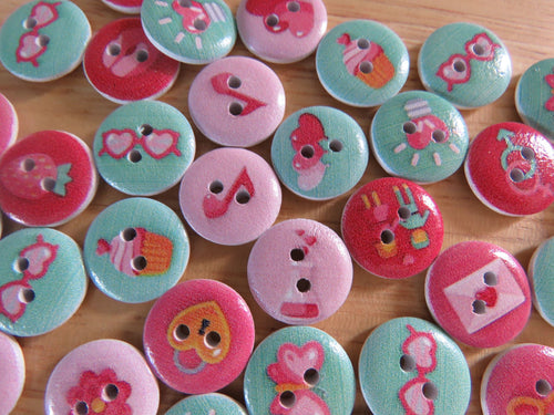 50 Green and Pink summer print buttons 15mm- butterfly, flower, cupcake etc