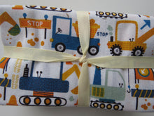 Load image into Gallery viewer, Diggers Fabric Bundle of 5 Fat Quarters. Mixed prints- 100% cotton. 50 x 52cm per piece