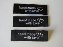 Load image into Gallery viewer, 10 Black Hand made with Love and Double Heart Labels 45x 15mm approx.