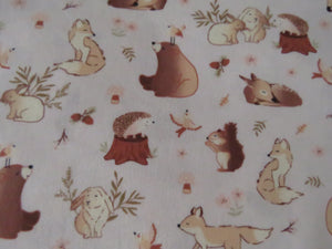 1m Creams and Brown Woodland print- Bear, squirrel, rabbit deer etc  100% organic cotton jersey knit 118cm