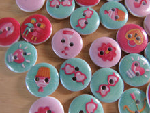 Load image into Gallery viewer, 50 Green and Pink summer print buttons 15mm- butterfly, flower, cupcake etc