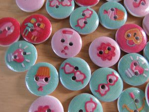 50 Green and Pink summer print buttons 15mm- butterfly, flower, cupcake etc