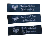 Load image into Gallery viewer, 9 Navy blue with White Font Made with Love by Grandma 60mm x 15mm woven sewing labels