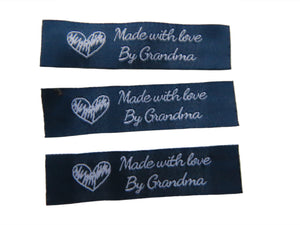 9 Navy blue with White Font Made with Love by Grandma 60mm x 15mm woven sewing labels