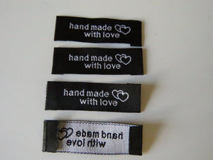 10 Black Hand made with Love and Double Heart Labels 45x 15mm approx.