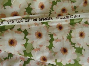 1.7m White Flower print on green organic cotton spandex jersey knit 150cm- last piece left