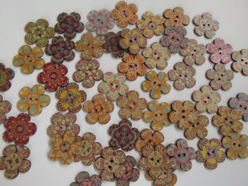 25 Retro Print Flower Shape Wood like Buttons 25mm diameter