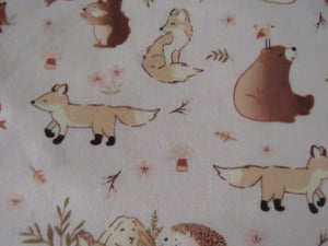 1m Creams and Brown Woodland print- Bear, squirrel, rabbit deer etc  100% organic cotton jersey knit 118cm