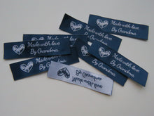 Load image into Gallery viewer, 9 Navy blue with White Font Made with Love by Grandma 60mm x 15mm woven sewing labels