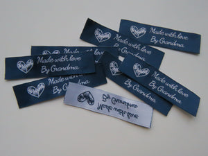 9 Navy blue with White Font Made with Love by Grandma 60mm x 15mm woven sewing labels