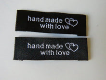 Load image into Gallery viewer, 10 Black Hand made with Love and Double Heart Labels 45x 15mm approx.