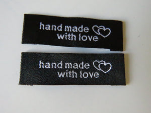 10 Black Hand made with Love and Double Heart Labels 45x 15mm approx.