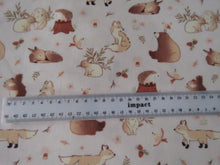 Load image into Gallery viewer, 1m Creams and Brown Woodland print- Bear, squirrel, rabbit deer etc  100% organic cotton jersey knit 118cm