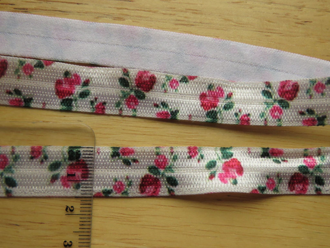 3.7m Pink Roses on White 15mm fold over elastic FOE foldover elastic