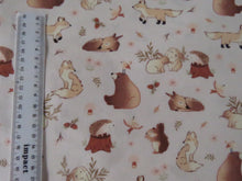 Load image into Gallery viewer, 1m Creams and Brown Woodland print- Bear, squirrel, rabbit deer etc  100% organic cotton jersey knit 118cm