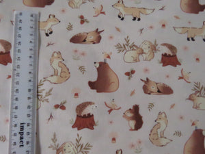 1m Creams and Brown Woodland print- Bear, squirrel, rabbit deer etc  100% organic cotton jersey knit 118cm