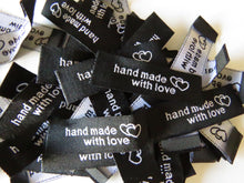 Load image into Gallery viewer, 10 Black Hand made with Love and Double Heart Labels 45x 15mm approx.