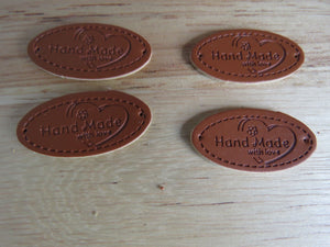 50 Oval Shape Hand Made with Love & flower and heart PU Leather Labels 30x 10mm