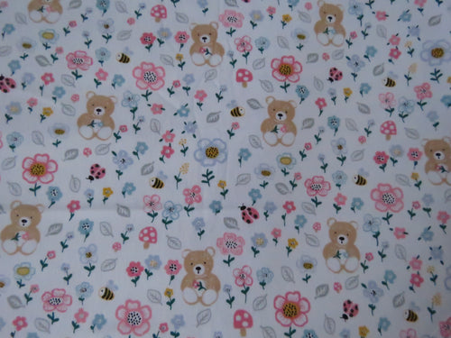 1m Teddy bear Bee Pink flower on white  100% organic cotton jersey knit 112cm