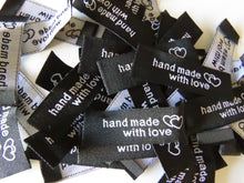 Load image into Gallery viewer, 10 Black Hand made with Love and Double Heart Labels 45x 15mm approx.