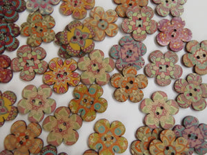 25 Retro Print Flower Shape Wood like Buttons 25mm diameter