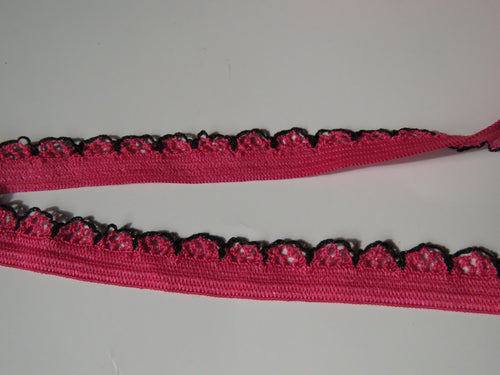 1m Dark Pink with black scallop loop lace Elastic trim 10mm wide- underwear, crafts etc