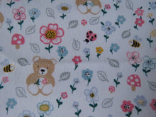 Load image into Gallery viewer, 1m Teddy bear Bee Pink flower on white  100% organic cotton jersey knit 112cm