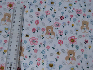 1m Teddy bear Bee Pink flower on white  100% organic cotton jersey knit 112cm