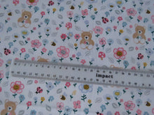 Load image into Gallery viewer, 1m Teddy bear Bee Pink flower on white  100% organic cotton jersey knit 112cm