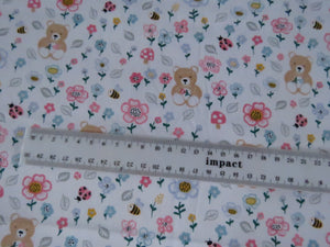 1m Teddy bear Bee Pink flower on white  100% organic cotton jersey knit 112cm