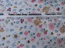 Load image into Gallery viewer, 1m Teddy bear Bee Pink flower on white  100% organic cotton jersey knit 112cm