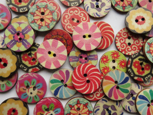 50 Mixed Print retro vintage mixed print 20mm buttons 2 holes