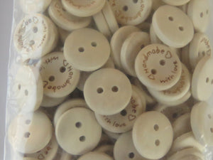 50 x 15mm Handmade with Love and 2 hearts 15mm buttons