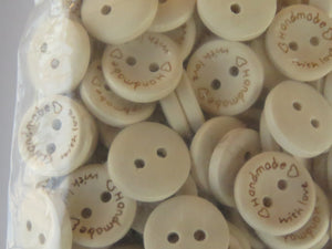 100 Handmade with Love and 2 hearts 15mm buttons