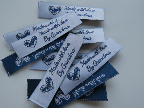 12 White Made with Love by Grandma 60mm x 15mm woven sewing labels