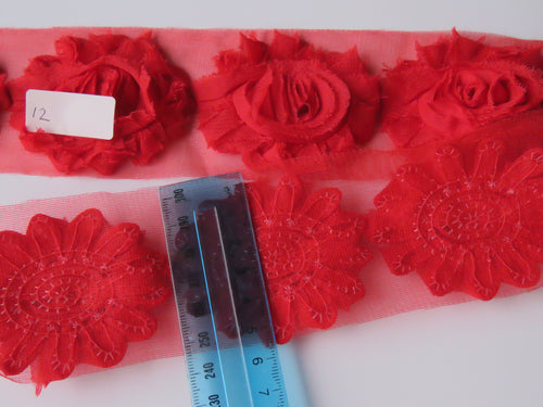 3 Red #12 Shade Shabby chic chiffon flowers 50mm flower diameter approx.