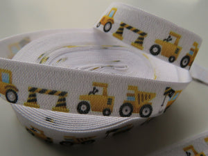 3.4m Yellow Digger Truck Roadworks Print Fold Over Elastic FOE Foldover15mm