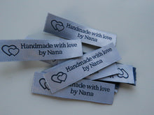 Load image into Gallery viewer, 12 White with Blue Font Handmade with Love by Nana White woven labels 60 x 15mm