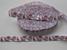 Load image into Gallery viewer, 1m Purple pink flower floral print fold over elastic FOE foldover elastic 15mm wide