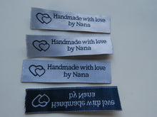 Load image into Gallery viewer, 12 White with Blue Font Handmade with Love by Nana White woven labels 60 x 15mm